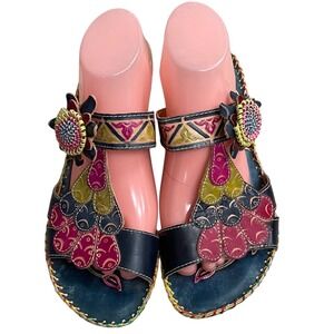 Corkys by elite‎ Navajo T Strap Leather Floral Accent Heel Sandals Sz 10 EUC